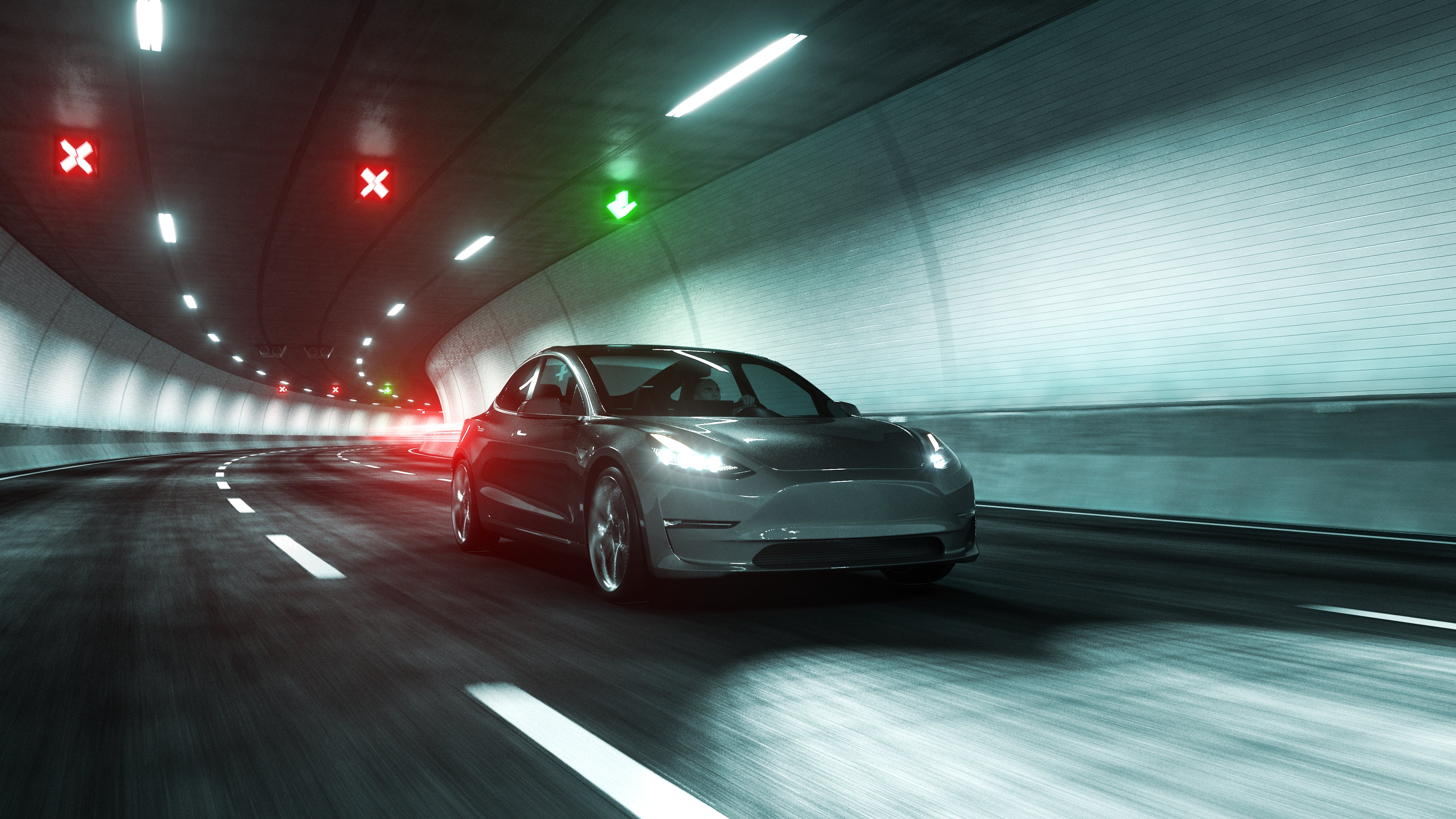 Tesla Model Y driving through a tunnel